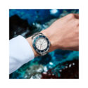 Seiko, Prospex 1968 Heritage Diver’s GMT 60th Anniversary with a 42mm stainless steel case and bracelet strap featuring a date and GMT function with a white dial and navy blue bezel.
