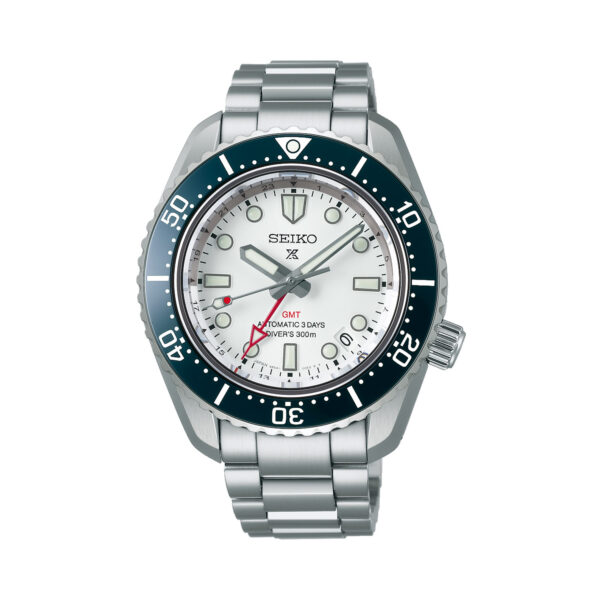 Seiko, Prospex 1968 Heritage Diver’s GMT 60th Anniversary with a 42mm stainless steel case and bracelet strap featuring a date and GMT function with a white dial and navy blue bezel.