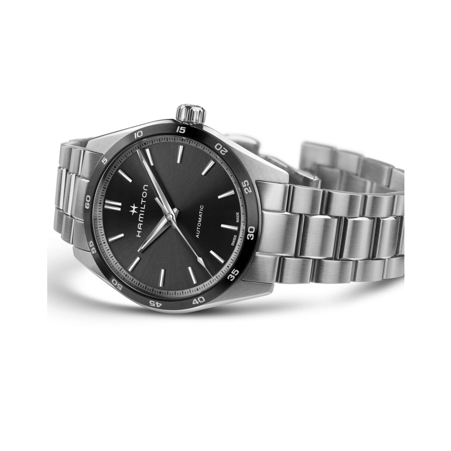 Hamilton, Jazzmaster Performer with a 38mm stainless steel case and bracelet strap featuring a black dial and bezel.