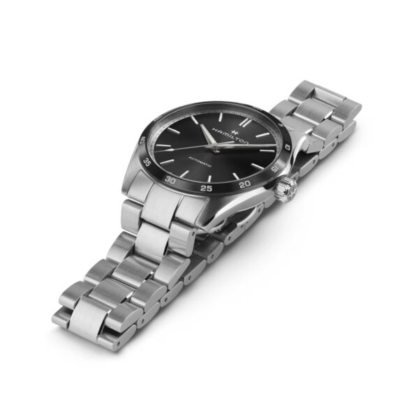 Hamilton, Jazzmaster Performer with a 38mm stainless steel case and bracelet strap featuring a black dial and bezel.