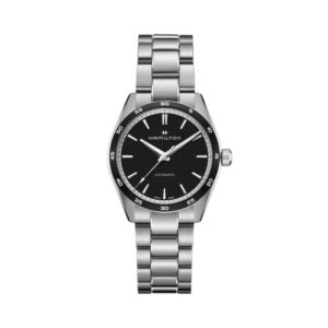 Hamilton, Jazzmaster Performer with a 38mm stainless steel case and bracelet strap featuring a black dial and bezel.