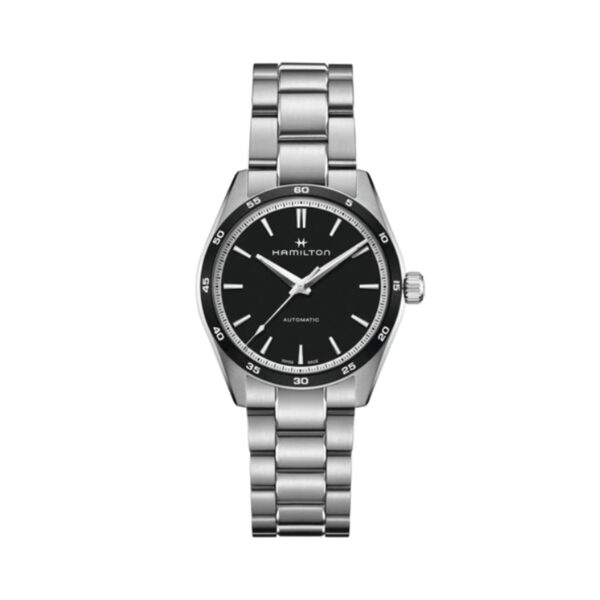 Hamilton, Jazzmaster Performer with a 38mm stainless steel case and bracelet strap featuring a black dial and bezel.