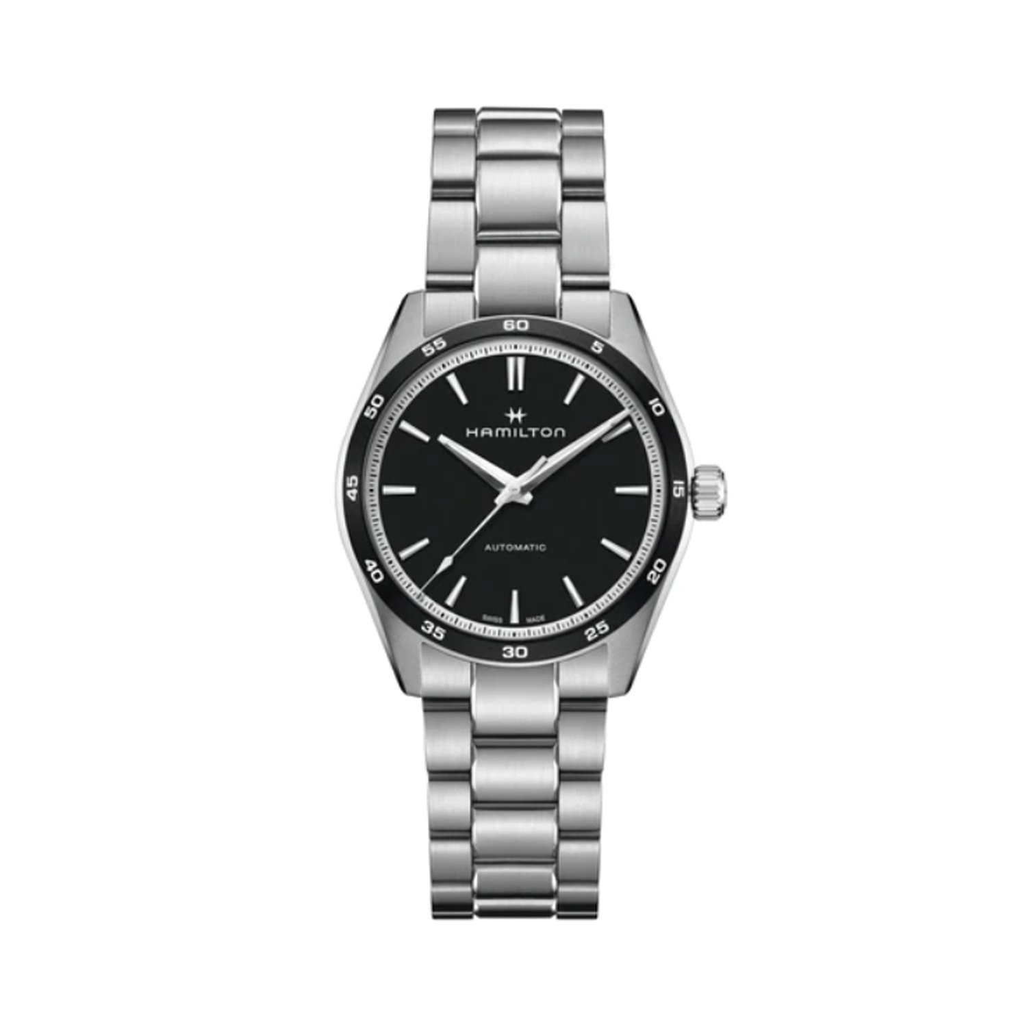 Hamilton, Jazzmaster Performer with a 38mm stainless steel case and bracelet strap featuring a black dial and bezel.