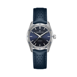 Hamilton Jazzmaster Performer with a 38mm stainless steel case and a blue leather strap featuring a blue dial.