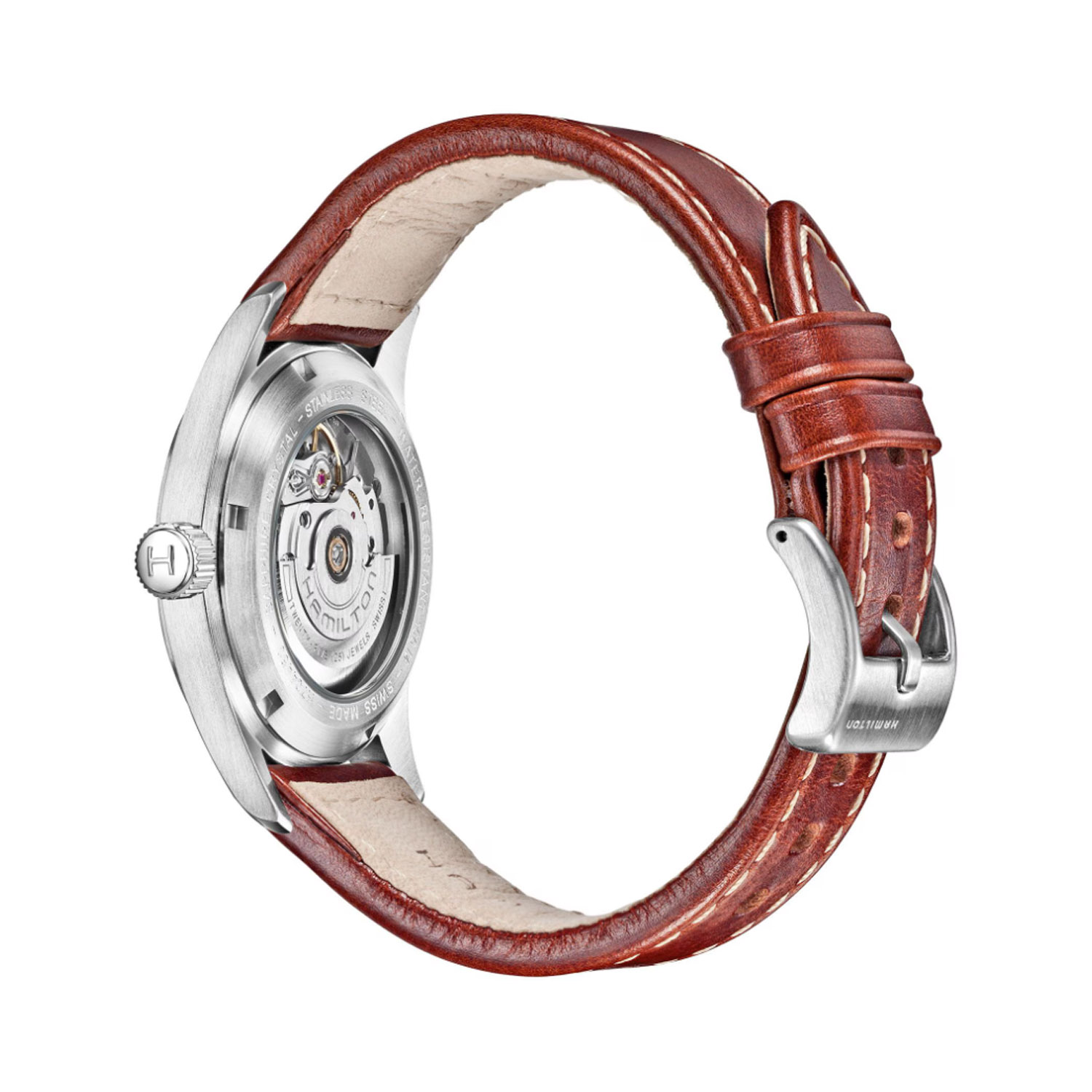 Hamilton, Khaki Field Black Dial, Automatic Men’s 38mm Watch Hamilton, Khaki Field with a 38mm stainless steel case and a brown leather strap featuring a date function and a black dial.