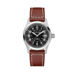 Hamilton, Khaki Field with a 38mm stainless steel case and a brown leather strap featuring a date function and a black dial.