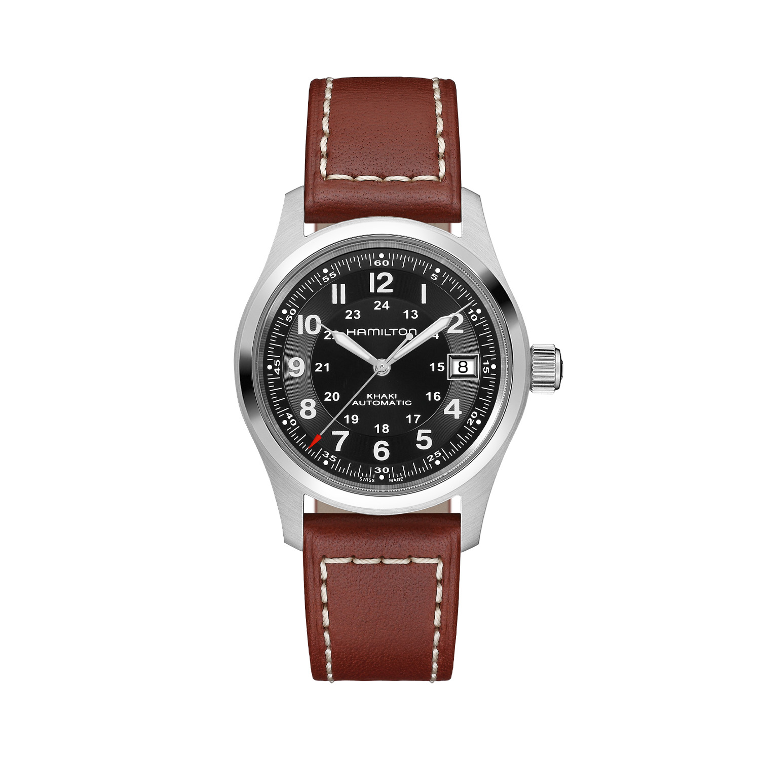 Hamilton, Khaki Field Black Dial, Automatic Men’s 38mm Watch Hamilton, Khaki Field with a 38mm stainless steel case and a brown leather strap featuring a date function and a black dial.