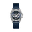 Hamilton, Jazzmaster Performer with a 42mm stainless steel case and blue leather strap featuring a date function, chronograph and a blue dial.