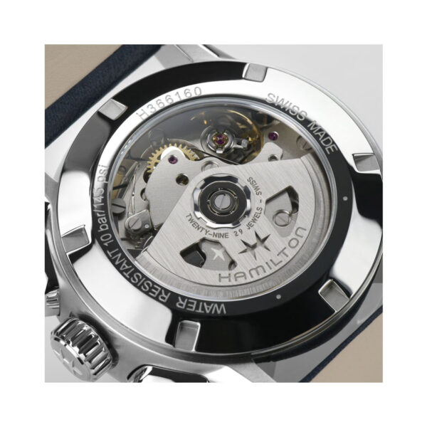 Hamilton, Jazzmaster Performer with a 42mm stainless steel case and blue leather strap featuring a date function, chronograph and a blue dial.