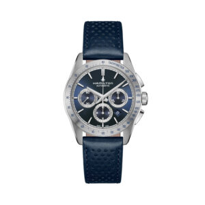 Hamilton, Jazzmaster Performer with a 42mm stainless steel case and blue leather strap featuring a date function, chronograph and a blue dial.