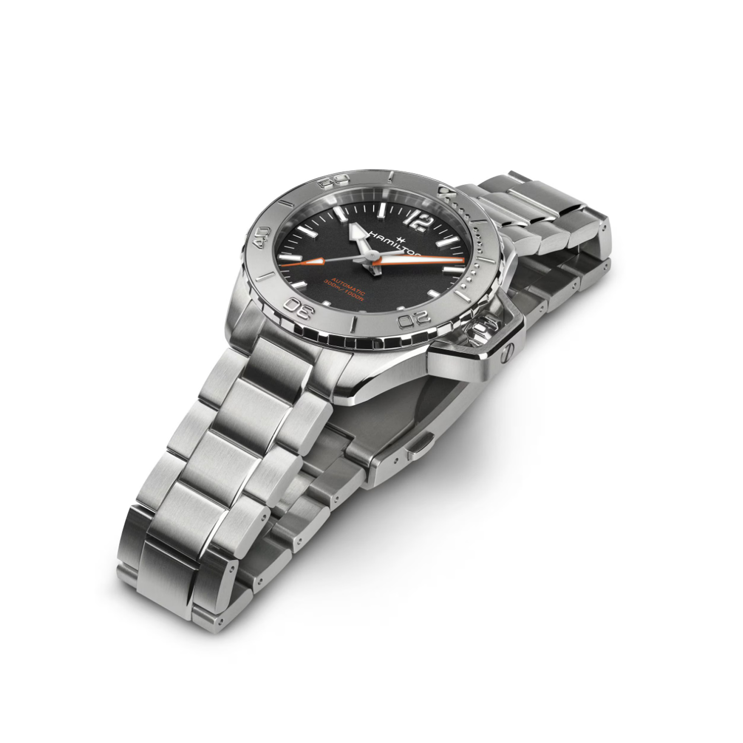 Hamilton, Khaki Navi Frogman with a 41mm stainless steel case and bracelet strap featuring a black dial with a grey bezel.