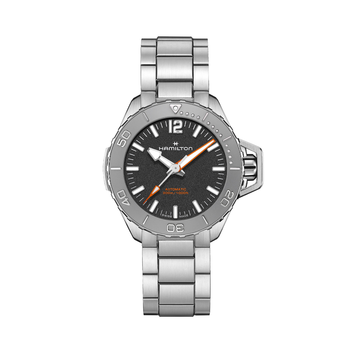 Hamilton, Khaki Navi Frogman with a 41mm stainless steel case and bracelet strap featuring a black dial with a grey bezel.