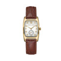 Hamilton, American Classic Boulton with a 27 x 31.6mm stainless steel yellow gold PVD coated rectangular case with a brown leather strap featuring a small seconds hand and a white dial.