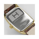 Hamilton, American Classic Boulton with a 27 x 31.6mm stainless steel yellow gold PVD coated rectangular case with a brown leather strap featuring a small seconds hand and a white dial.
