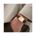 Hamilton, American Classic Boulton with a 27 x 31.6mm stainless steel yellow gold PVD coated rectangular case with a brown leather strap featuring a small seconds hand and a white dial.