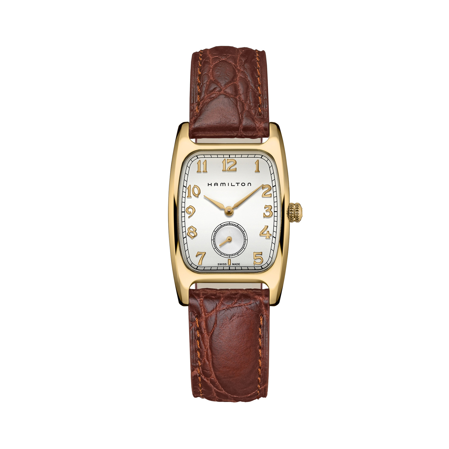 Hamilton, American Classic Boulton with a 27 x 31.6mm stainless steel yellow gold PVD coated rectangular case with a brown leather strap featuring a small seconds hand and a white dial.
