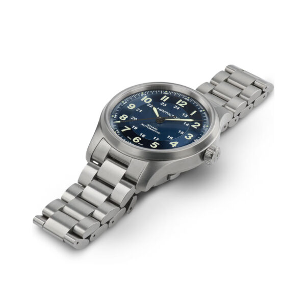 Hamilton, Khaki Field Titanium with a 42mm titanium case and bracelet strap featuring a blue dial.