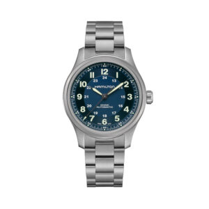 Hamilton, Khaki Field Titanium with a 42mm titanium case and bracelet strap featuring a blue dial.
