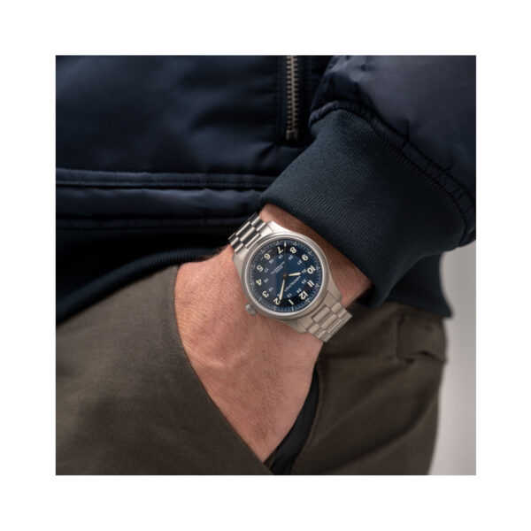 Hamilton, Khaki Field Titanium with a 42mm titanium case and bracelet strap featuring a blue dial.