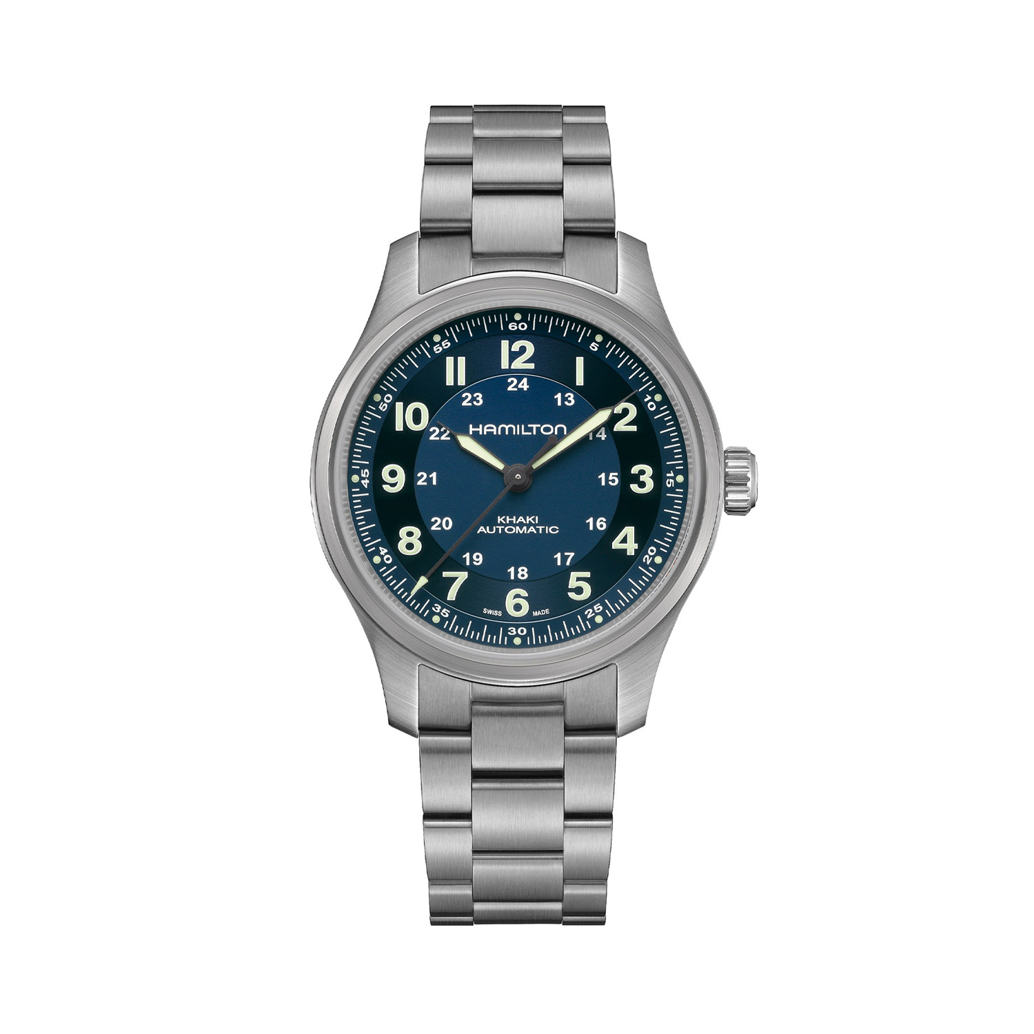 Hamilton, Khaki Field Titanium Blue, Automatic Men's Watch Hamilton, Khaki Field Titanium with a 42mm titanium case and bracelet strap featuring a blue dial.