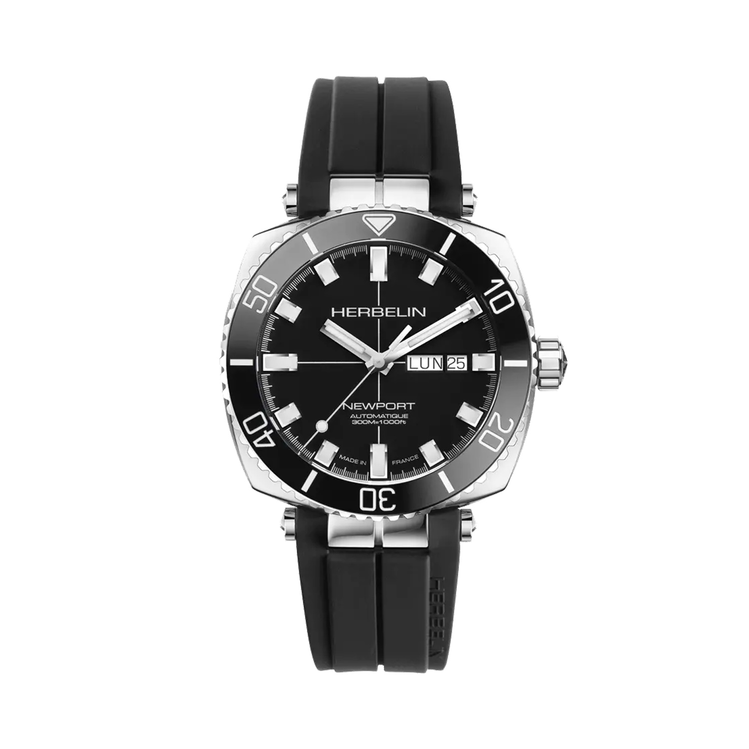 Herbelin, Newport Diver with a 42mm stainless steel case and a black rubber strap featuring a day date function and a black dial and ceramic bezel.