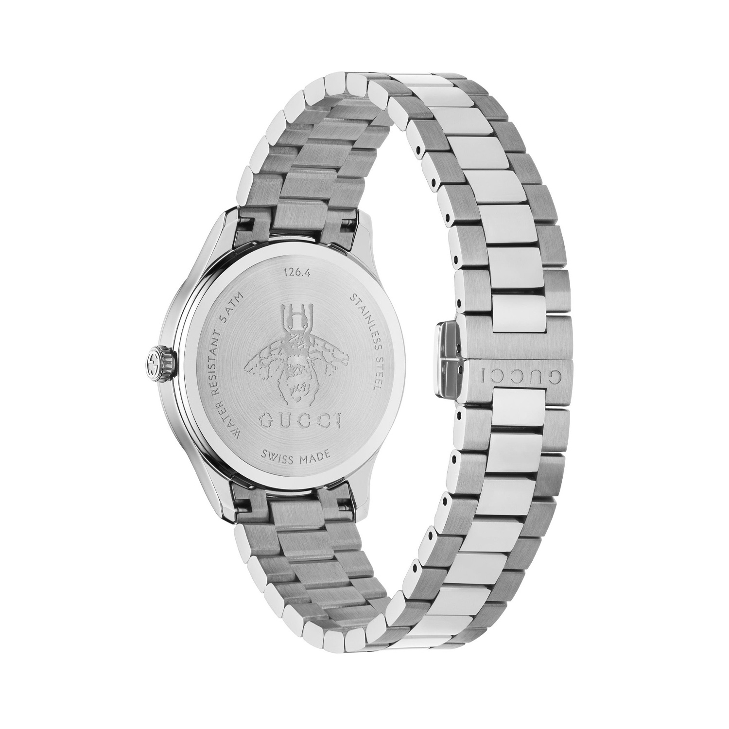 Gucci G-Timeless with a 32mm stainless steel case and bracelet strap featuring a turquoise dial with the bee emblem.