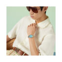 Gucci G-Timeless with a 32mm stainless steel case and bracelet strap featuring a turquoise dial with the bee emblem.