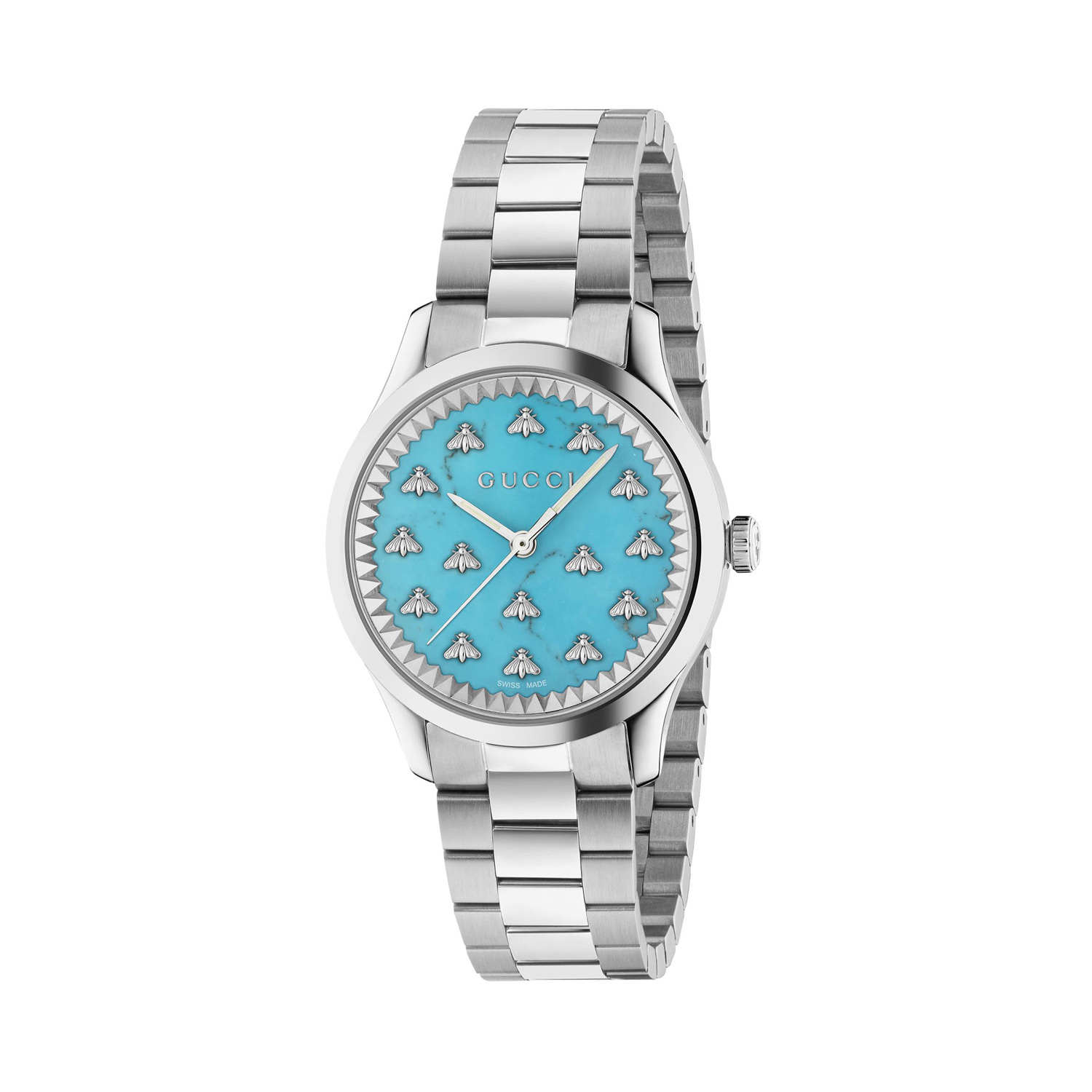 Gucci G-Timeless with a 32mm stainless steel case and bracelet strap featuring a turquoise dial with the bee emblem.