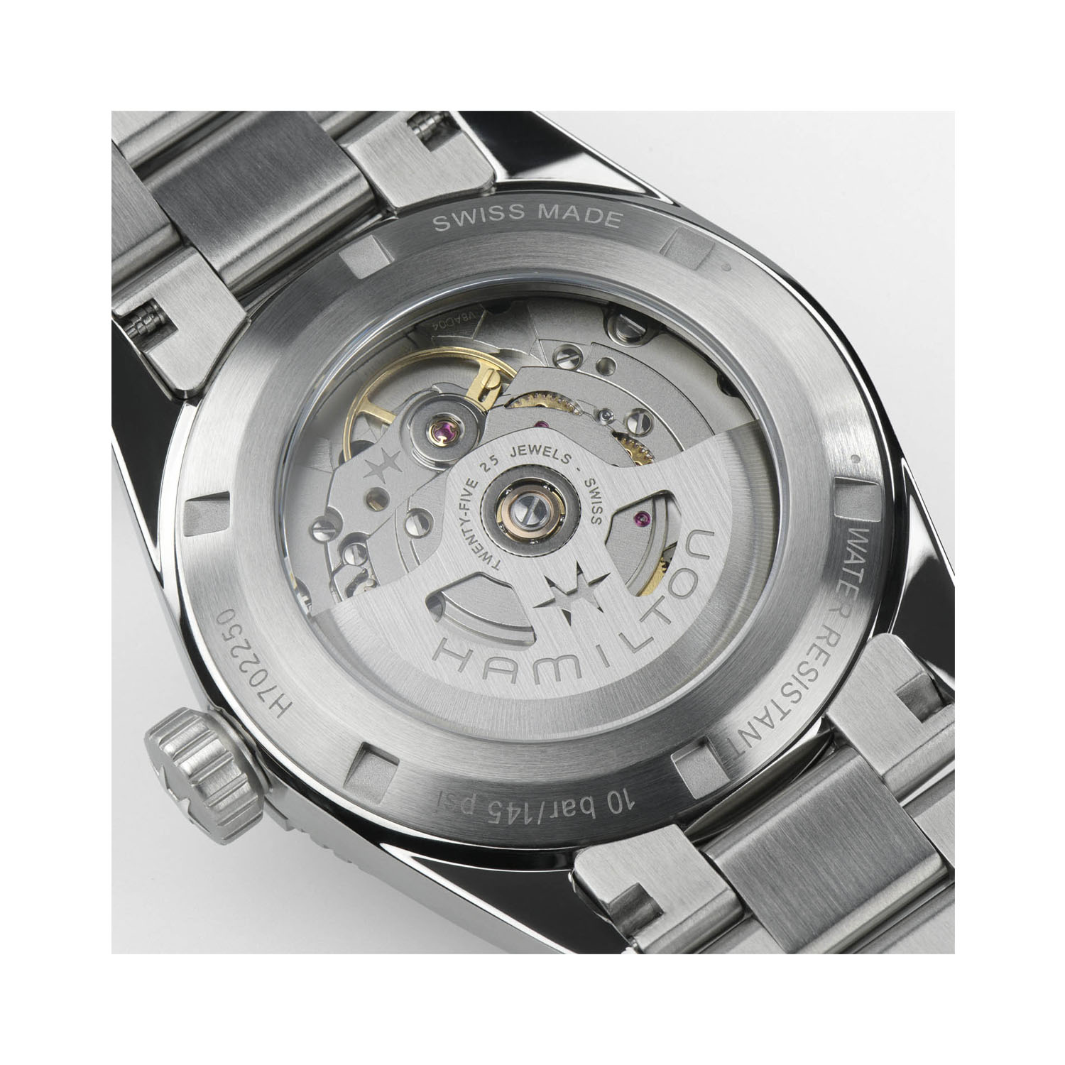 Hamilton, Khaki Field Expedition with a 37mm stainless steel case and bracelet strap featuring a black dial with a silver compass bezel.