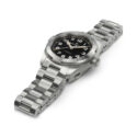 Hamilton, Khaki Field Expedition with a 37mm stainless steel case and bracelet strap featuring a black dial with a silver compass bezel.