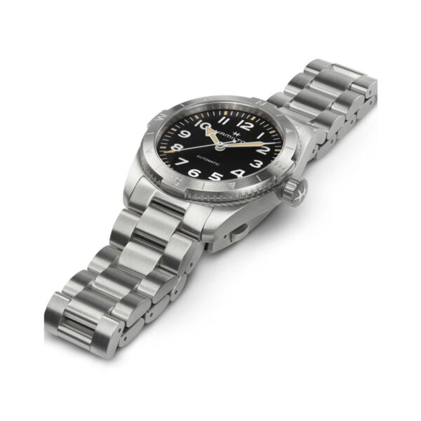 Hamilton, Khaki Field Expedition with a 37mm stainless steel case and bracelet strap featuring a black dial with a silver compass bezel.