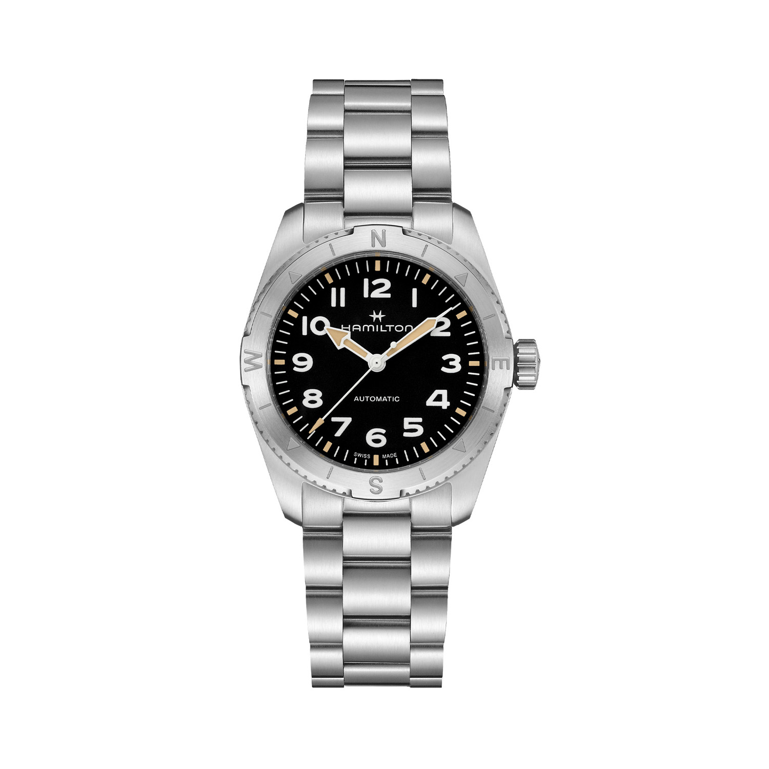 Hamilton, Khaki Field Expedition with a 37mm stainless steel case and bracelet strap featuring a black dial with a silver compass bezel.
