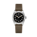 Hamilton, Khaki Field Expedition with a 37mm stainless steel case and a brown leather strap featuring a black dial with a silver compass bezel.