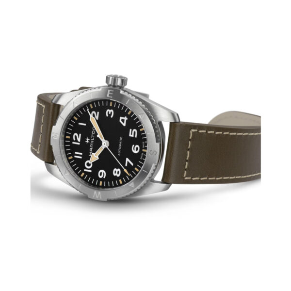 Hamilton, Khaki Field Expedition with a 37mm stainless steel case and a brown leather strap featuring a black dial with a silver compass bezel.