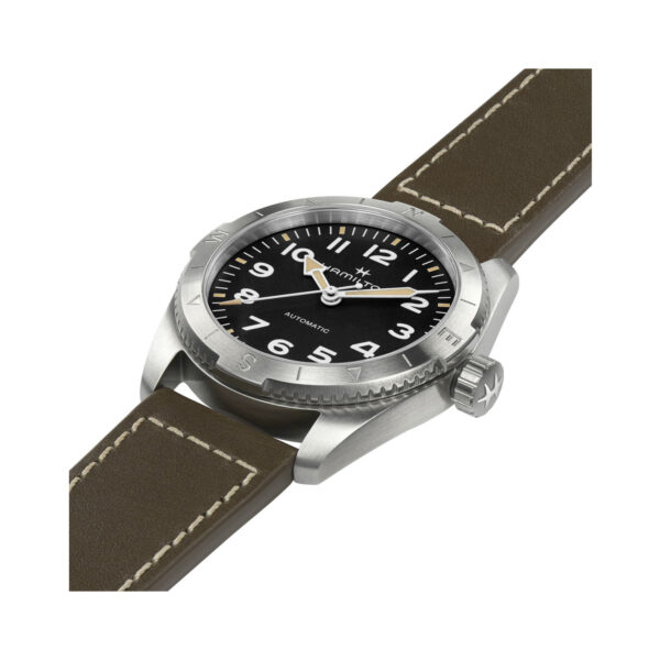 Hamilton, Khaki Field Expedition with a 37mm stainless steel case and a brown leather strap featuring a black dial with a silver compass bezel.