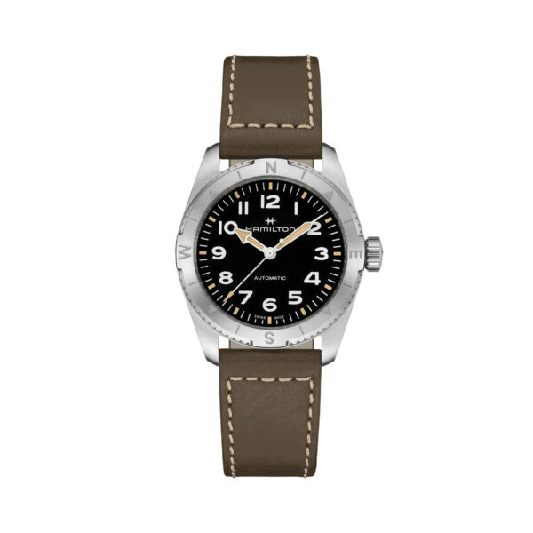Hamilton, Khaki Field Expedition with a 37mm stainless steel case and a brown leather strap featuring a black dial with a silver compass bezel.
