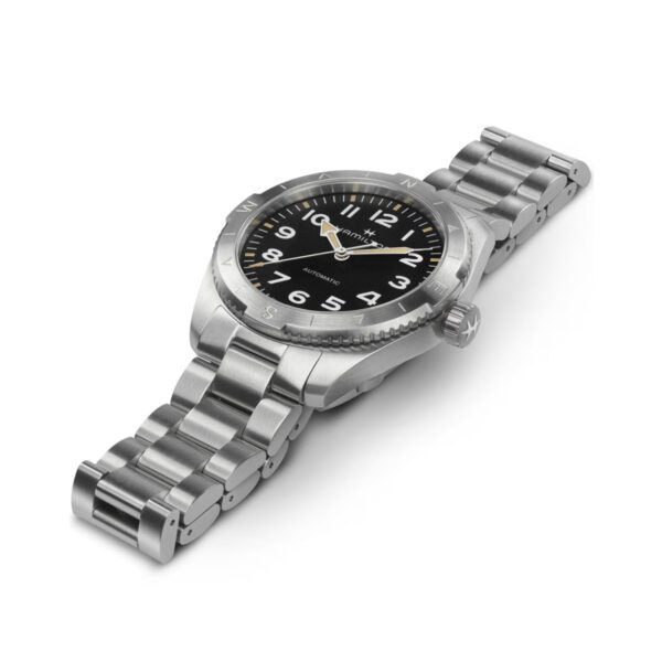 Hamilton, Khaki Field Expedition with a 41mm stainless steel case and bracelet strap featuring a black dial with a silver compass bezel.