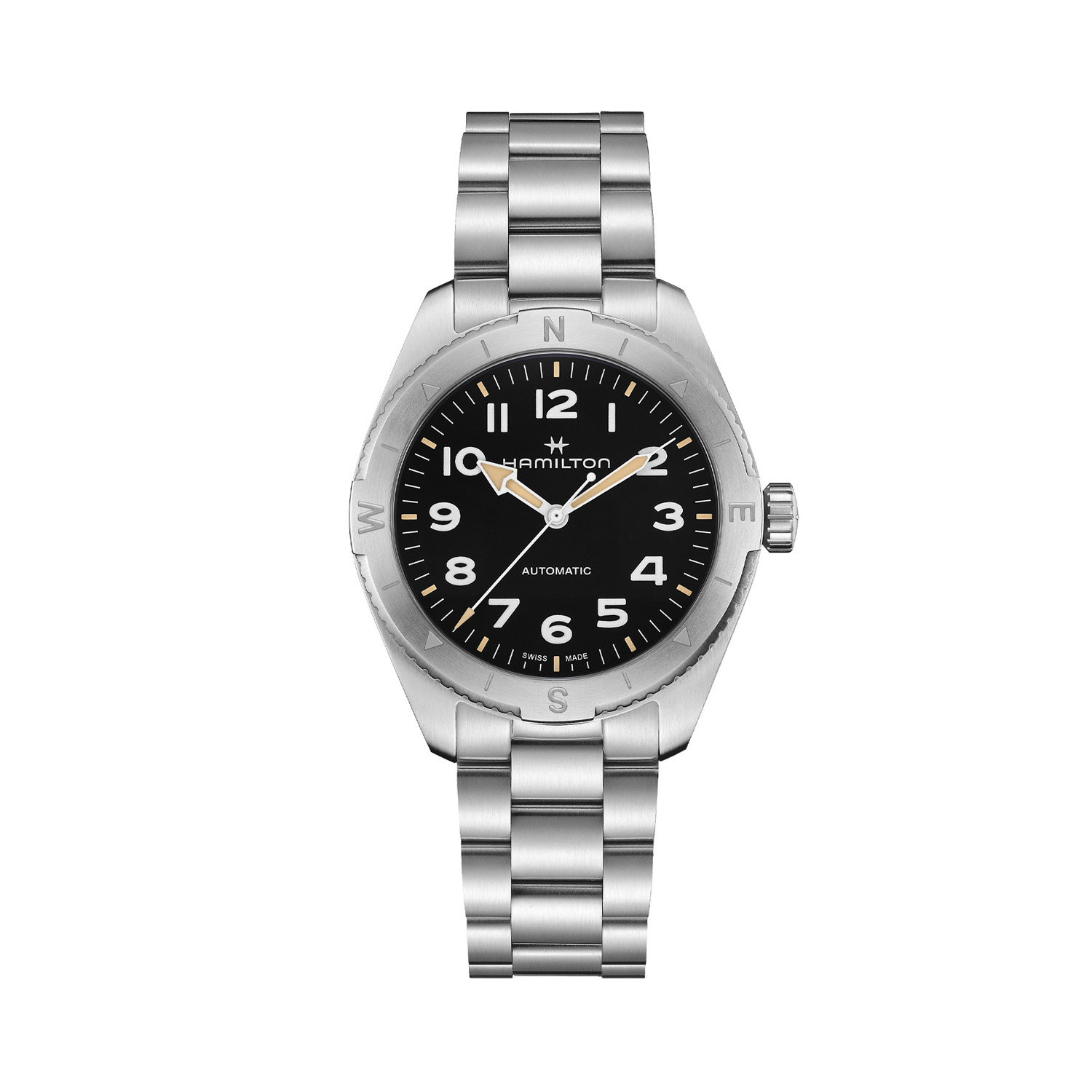 Hamilton, Khaki Field Expedition with a 41mm stainless steel case and bracelet strap featuring a black dial with a silver compass bezel.