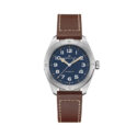 Hamilton, Khaki Field Expedition with a 41mm stainless steel case and a brown leather strap featuring a blue dial with a silver compass bezel.