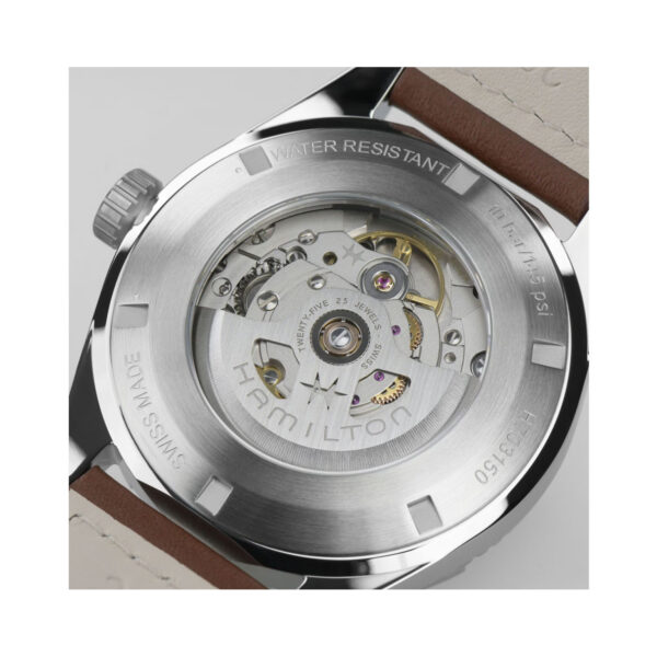 Hamilton, Khaki Field Expedition with a 41mm stainless steel case and a brown leather strap featuring a blue dial with a silver compass bezel.