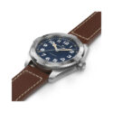 Hamilton, Khaki Field Expedition with a 41mm stainless steel case and a brown leather strap featuring a blue dial with a silver compass bezel.