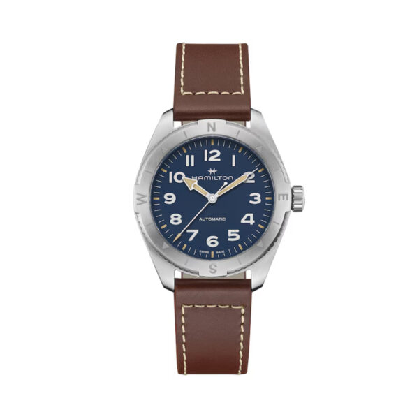 Hamilton, Khaki Field Expedition with a 41mm stainless steel case and a brown leather strap featuring a blue dial with a silver compass bezel.