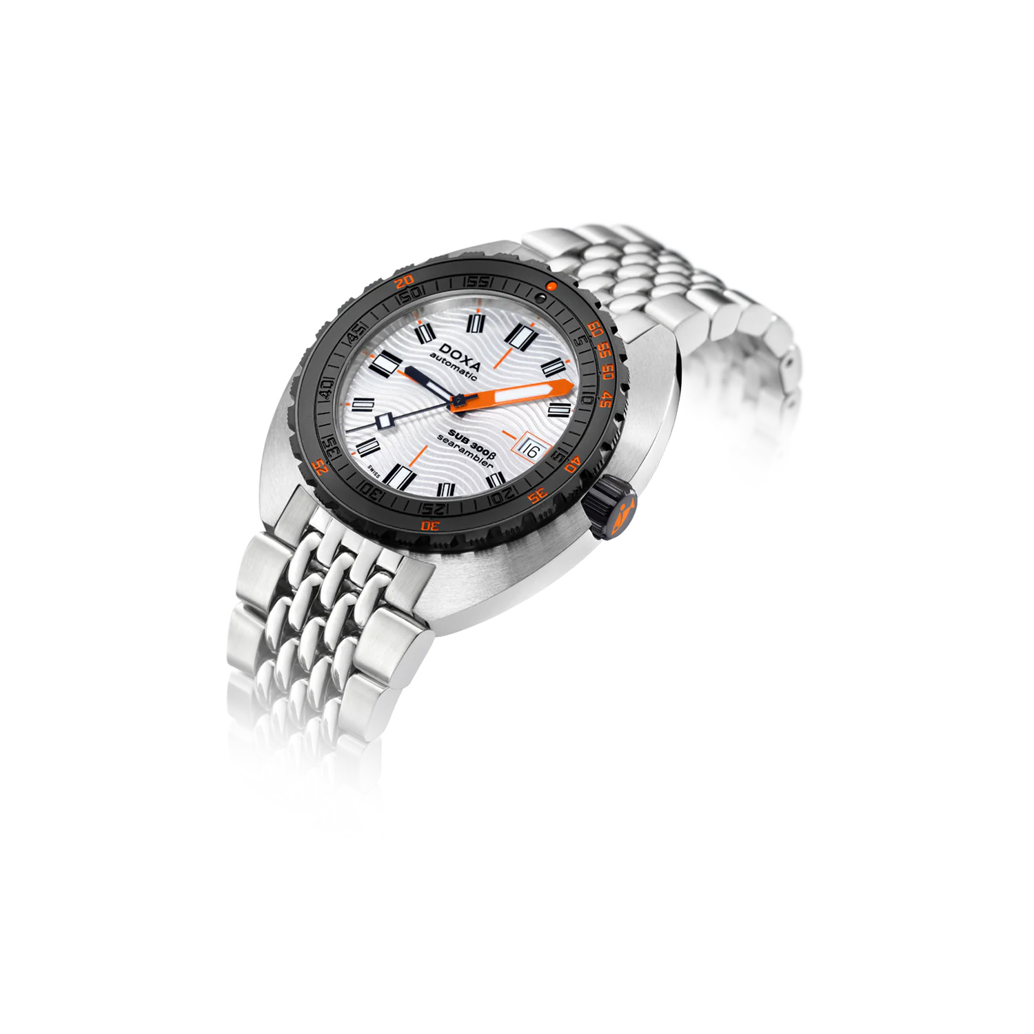 DOXA SUB 300Beta, Searambler, Automatic Men's Watch DOXA SUB 300Beta, Searambler with a 42.5mm stainless steel case and bracelet strap featuring a date function with a white dial and a black and orange ceramic bezel.