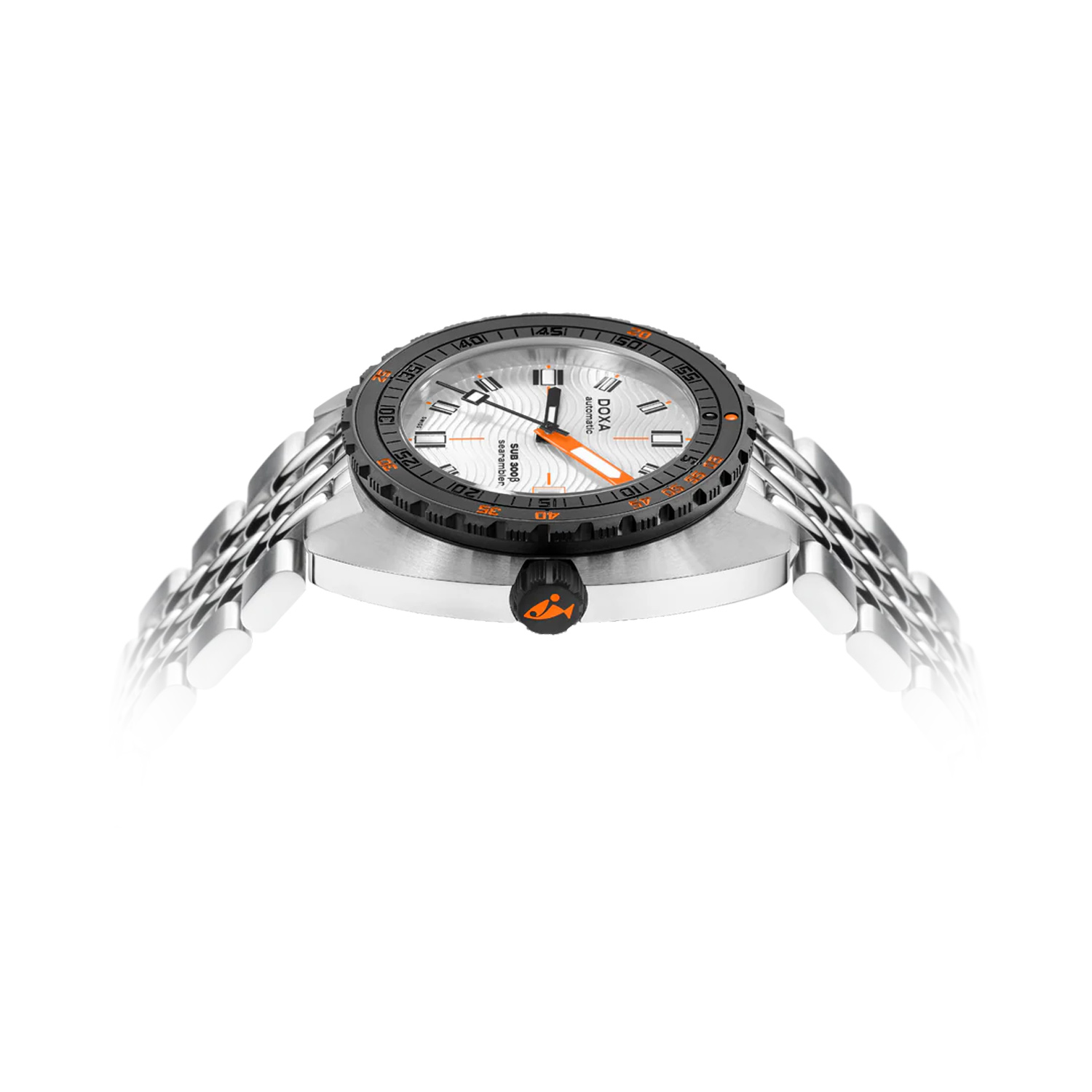 DOXA SUB 300Beta, Searambler, Automatic Men's Watch DOXA SUB 300Beta, Searambler with a 42.5mm stainless steel case and bracelet strap featuring a date function with a white dial and a black and orange ceramic bezel.
