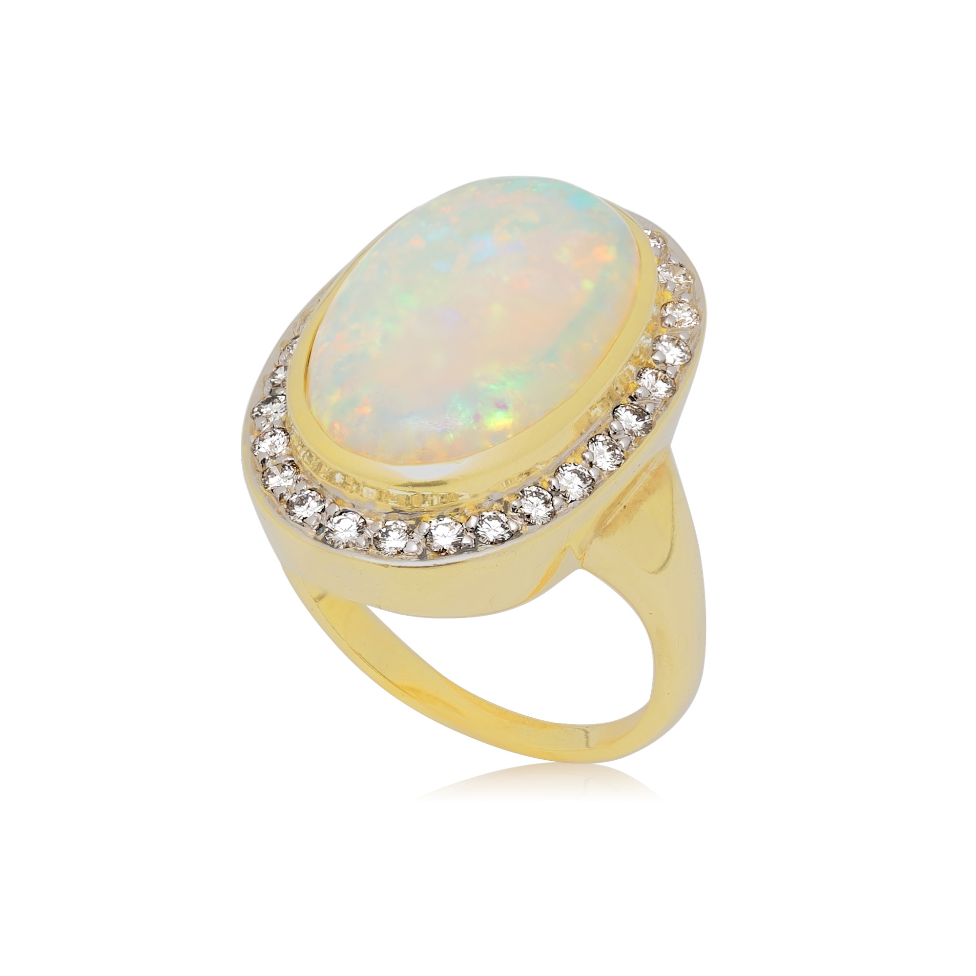An 18ct yellow gold rubover set opal and round brilliant cut diamond cluster ring, with grain settings to the diamonds.