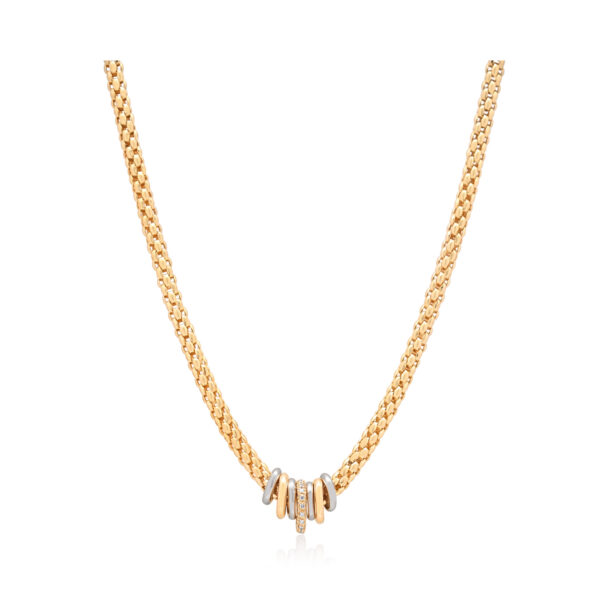 An 18ct rose and white gold necklace with one rose gold diamond set rondel, two rose gold polished rondels and four white gold polished rondels belonging to FOPE's Solo collection.