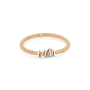 An 18ct rose gold Flex'It bracelet with one diamond set rose gold rondel, two polished rose gold rondels and four polished white gold rondels, belonging to FOPE's Solo collection.
