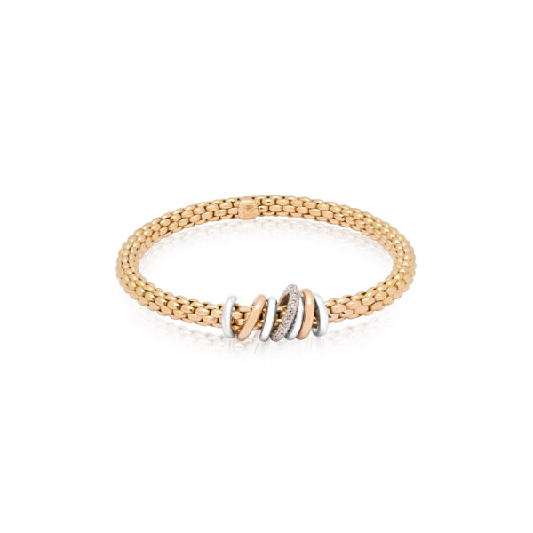 An 18ct rose gold Flex'It bracelet with one diamond set rose gold rondel, two polished rose gold rondels and four polished white gold rondels, belonging to FOPE's Solo collection.