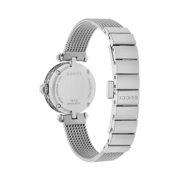 Gucci Diamantissima with a 22mm stainless steel case and bracelet strap featuring a mother of pearl diamond set dial.