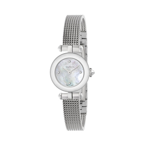 Gucci Diamantissima with a 22mm stainless steel case and bracelet strap featuring a mother of pearl diamond set dial.